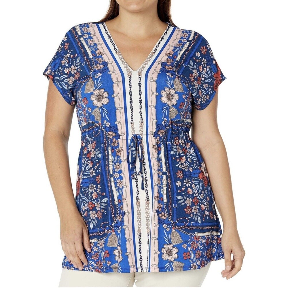 AVENUE Women’s Plus  Selina Scarf Tunic - navy Size 16 V Neck Elastic Waist